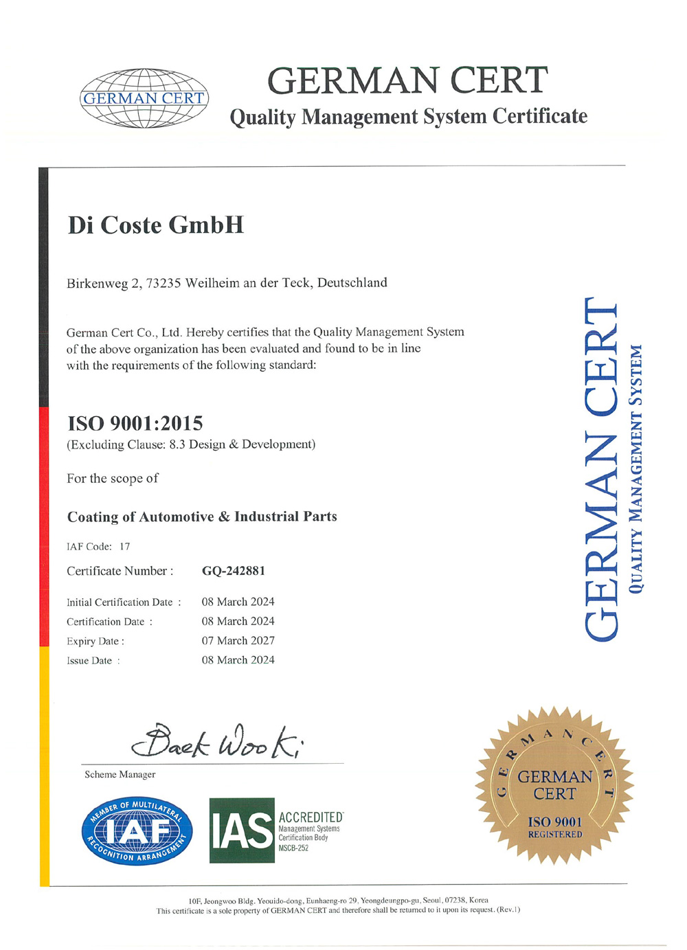 Di COSTE - Zertifikat